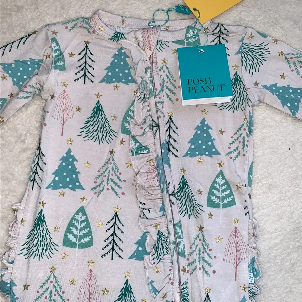 NWT Posh Peanut Balsam Ruffled Footie 6-9M Trees Pink & Blue Holiday
